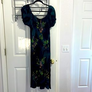 Black, flowered, crepe scoop neck dress